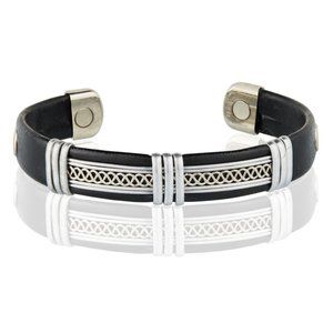 Silver Tone Leather Wrapped Solid Copper Magnetic Bracelet Cuff Bangle